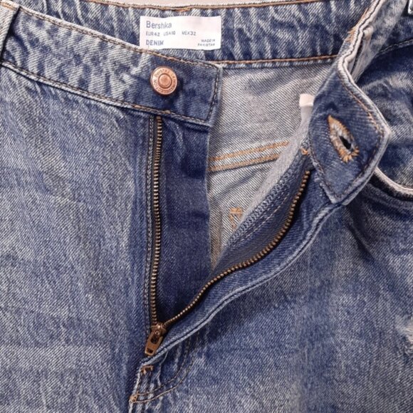 Bershka Emma Distressed Stonewash Jeans High Rise Slim Straight Ankle Denim - Picture 5 of 14